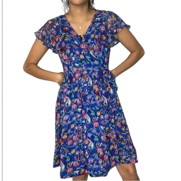 Moulinette Seours Silk Blue Floral Wrap Dress Anthropologie Excellent Size 0 - Picture 10 of 10